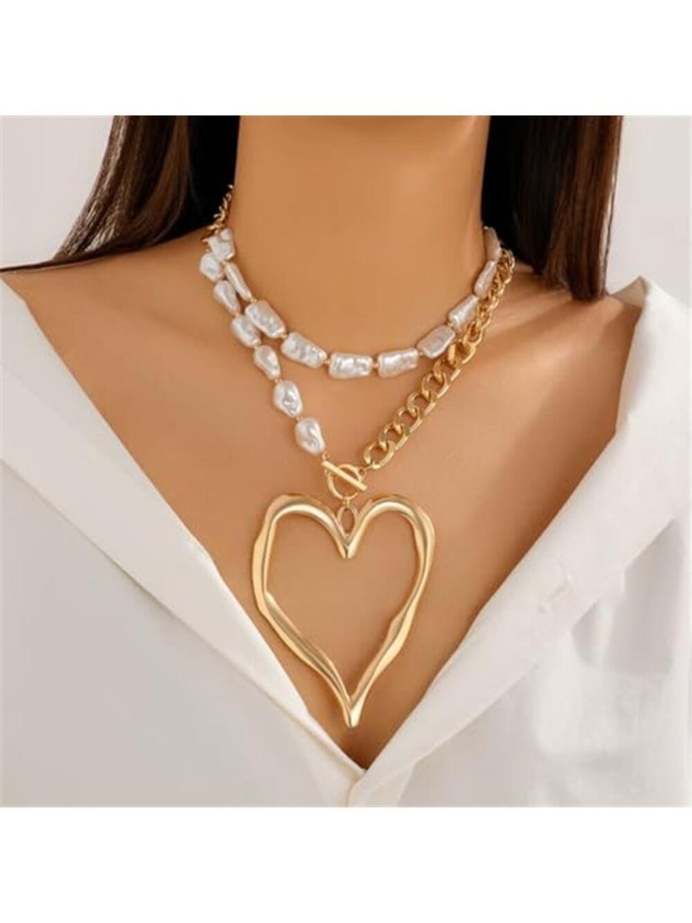 Y2K Chunky Heart Necklace Layered Pearl Choker Large Pendant Set